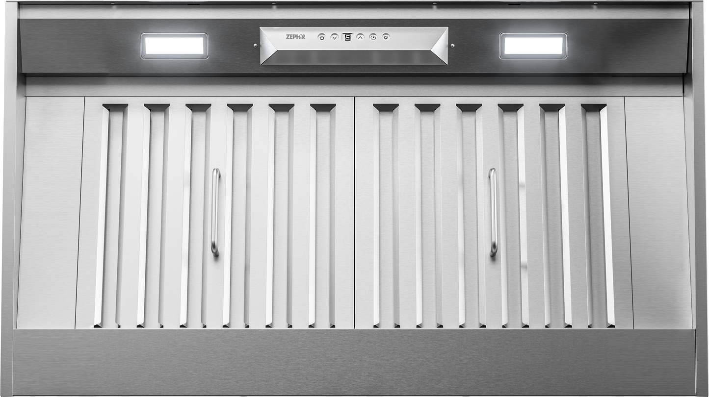 Stainless steel insert range hood with dual-level LED lights and wireless remote control from kitchen appliances collection