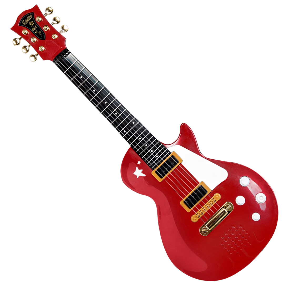 Red electric guitar with gold hardware and white accents featuring a star detail on the body