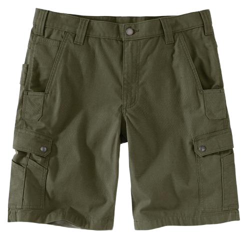 Men’s olive green ripstop cargo shorts with relaxed fit and multiple pockets for durable work and outdoor wear