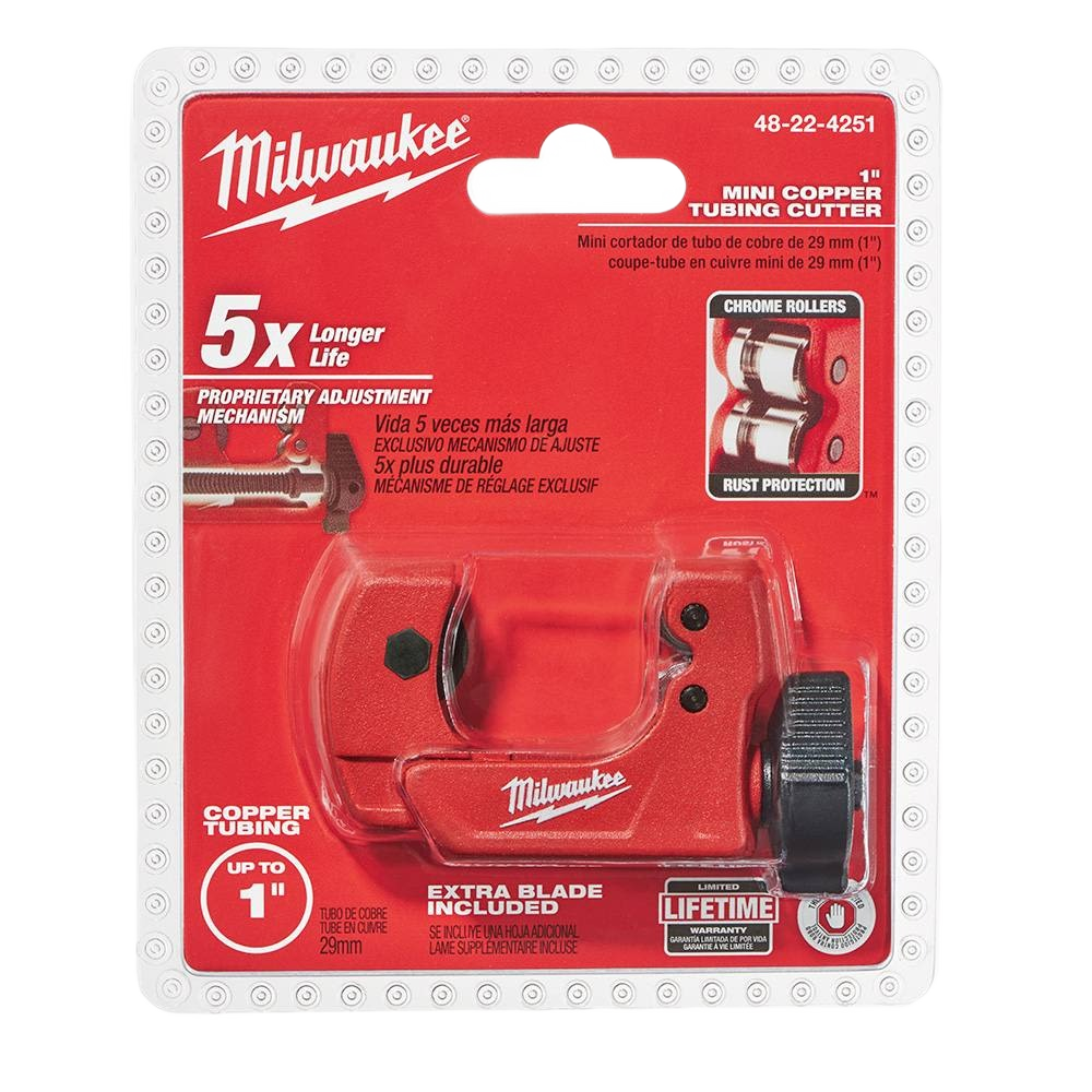 Red Milwaukee mini copper tubing cutter with chrome rollers and adjustable blade for home improvement projects