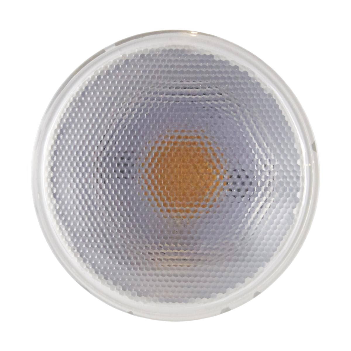 Close-up of a Satco LED light bulb lens with honeycomb texture, designed for focused neutral white illumination in home lighting.