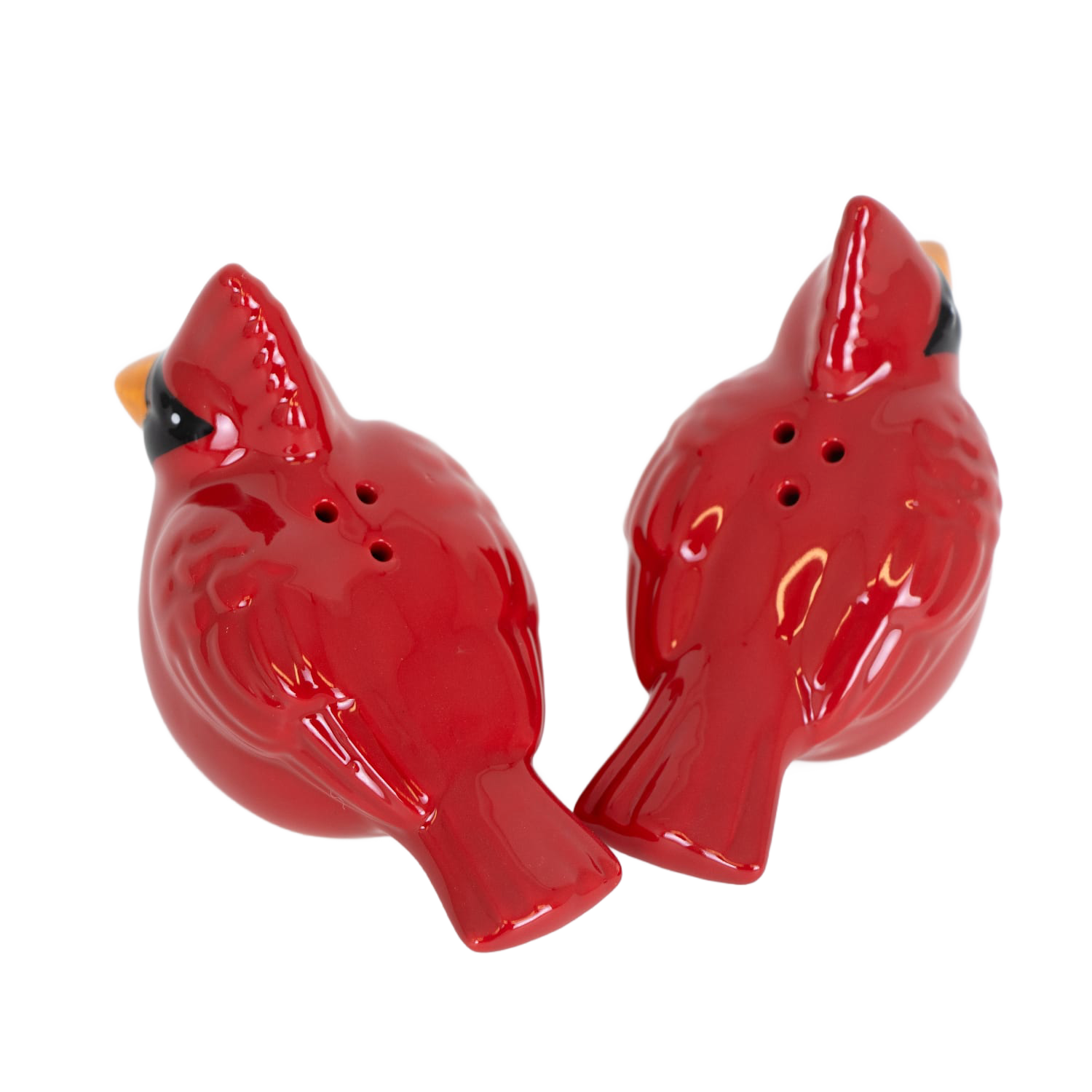 Set of two glossy red ceramic cardinal-shaped shakers for kitchen gadgets and Christmas decor under $50 collection