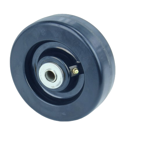 Black rear gauge wheel with metal bearing and grease fitting designed for mower deck maintenance and home improvement tools
