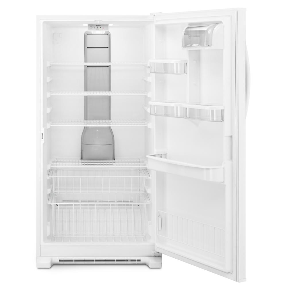 Empty white upright freezer with wire shelves and clear door bins in Freezers & Ice Makers collection