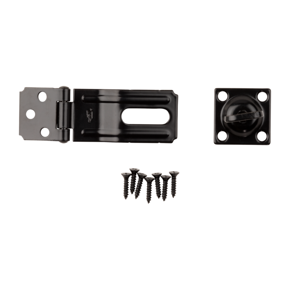 Black swivel safety hasp with mounting screws for door and gate accessories in home improvement under $50 collection
