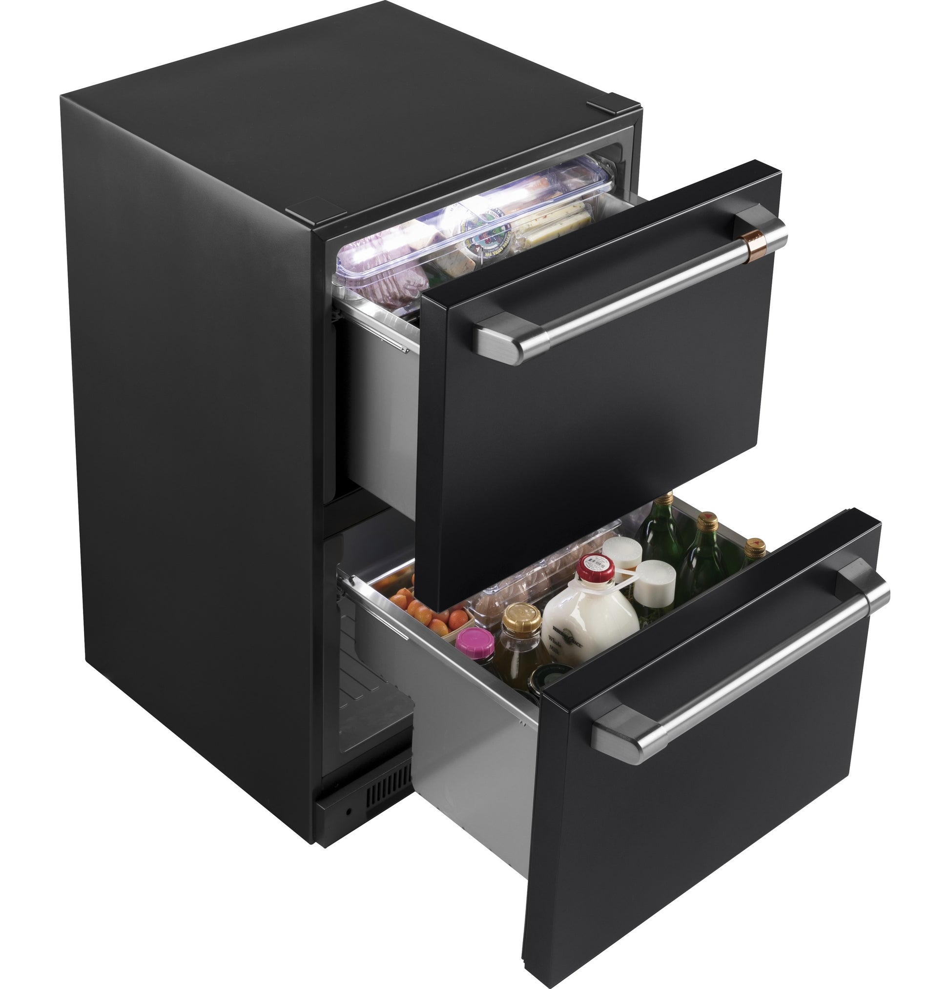Matte black built-in dual-drawer refrigerator with stainless steel handles showing stocked interior in kitchen appliances collection