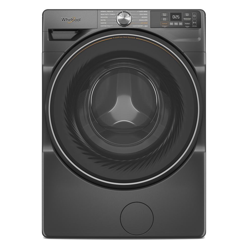Front load smart washer in dark gray with digital controls and large circular door in washers and appliances collection