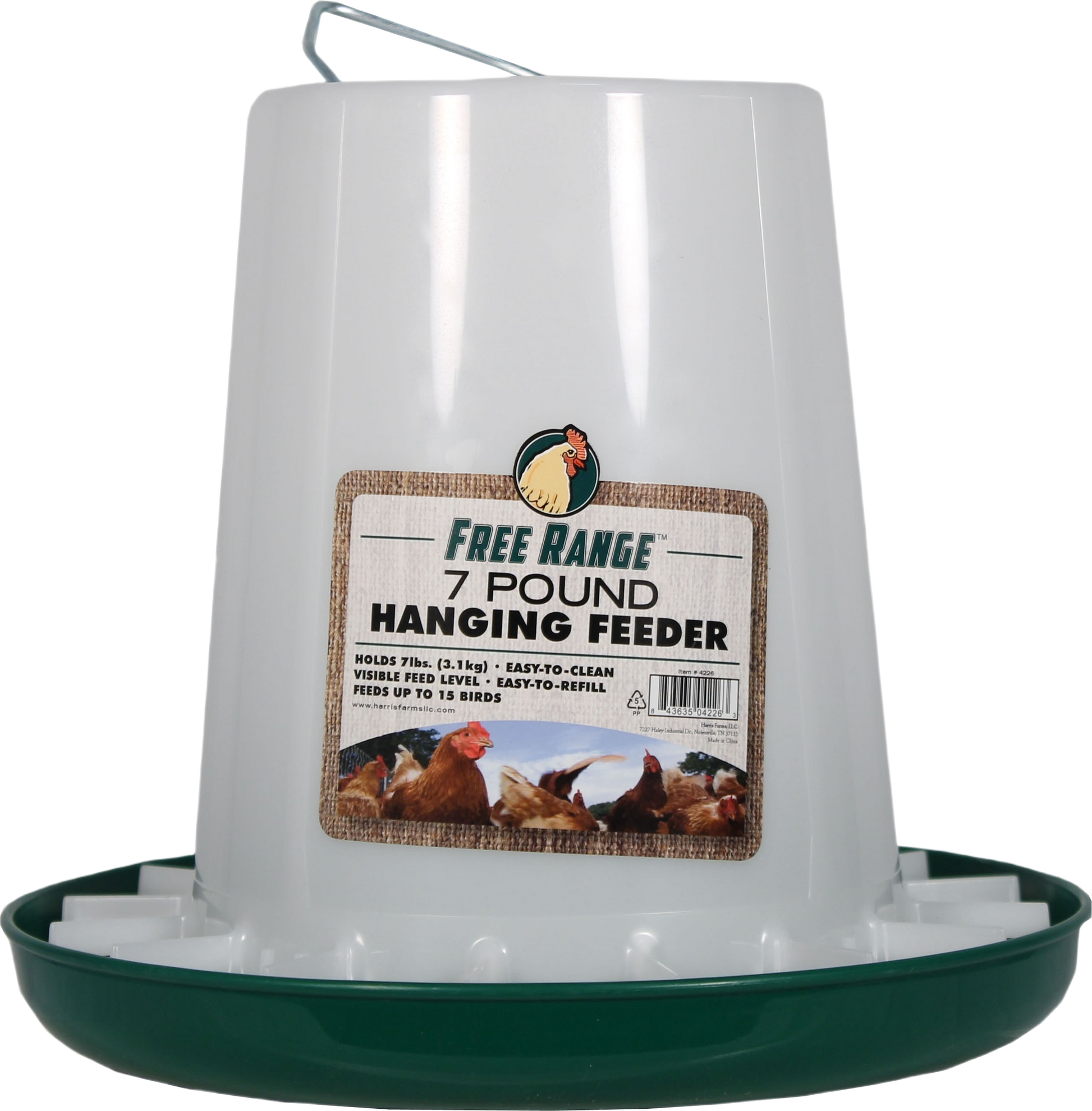 White and green plastic hanging poultry feeder with 7-pound capacity for farm and pet supplies under $50 collections
