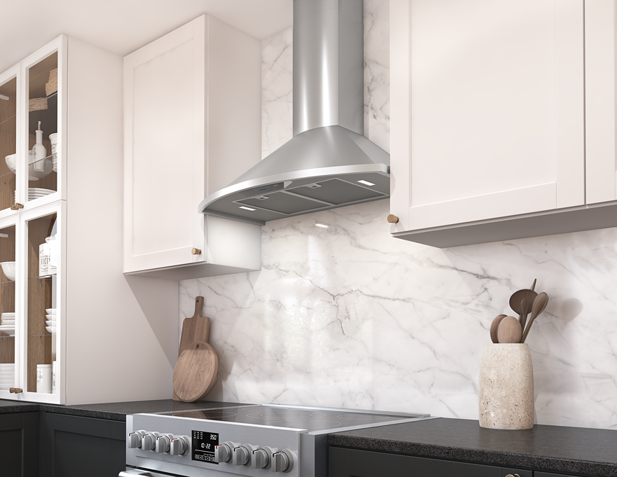 Stainless steel chimney hood with LED lights above modern stove in Wall Mounted Range Hoods and Kitchen collection
