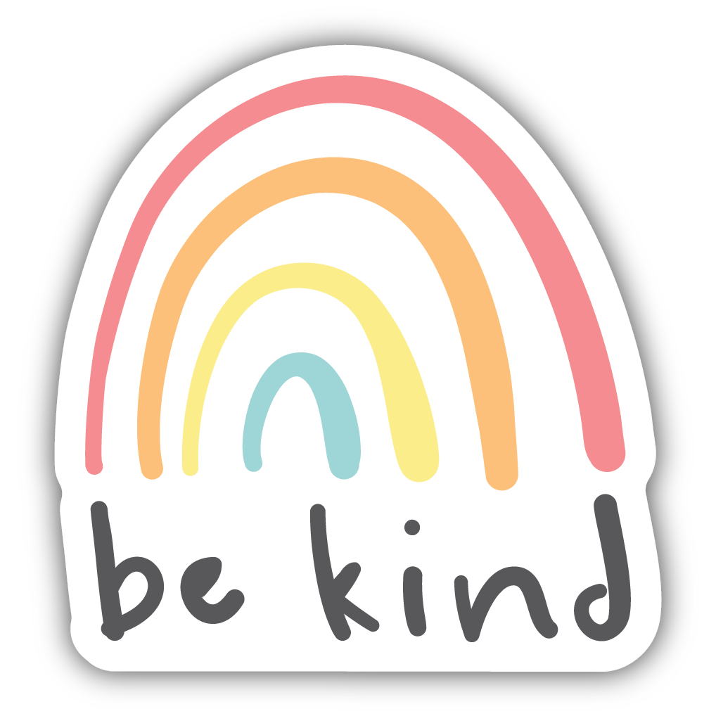 Pastel rainbow graphic with handwritten style "be kind" text on white die-cut sticker background