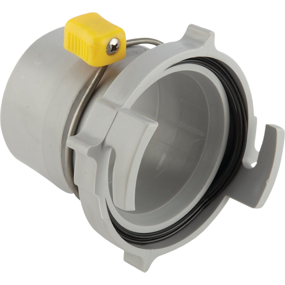 Gray plastic RV sewer hose adapter with black gasket and yellow locking clamp in automotive and under $50 collections
