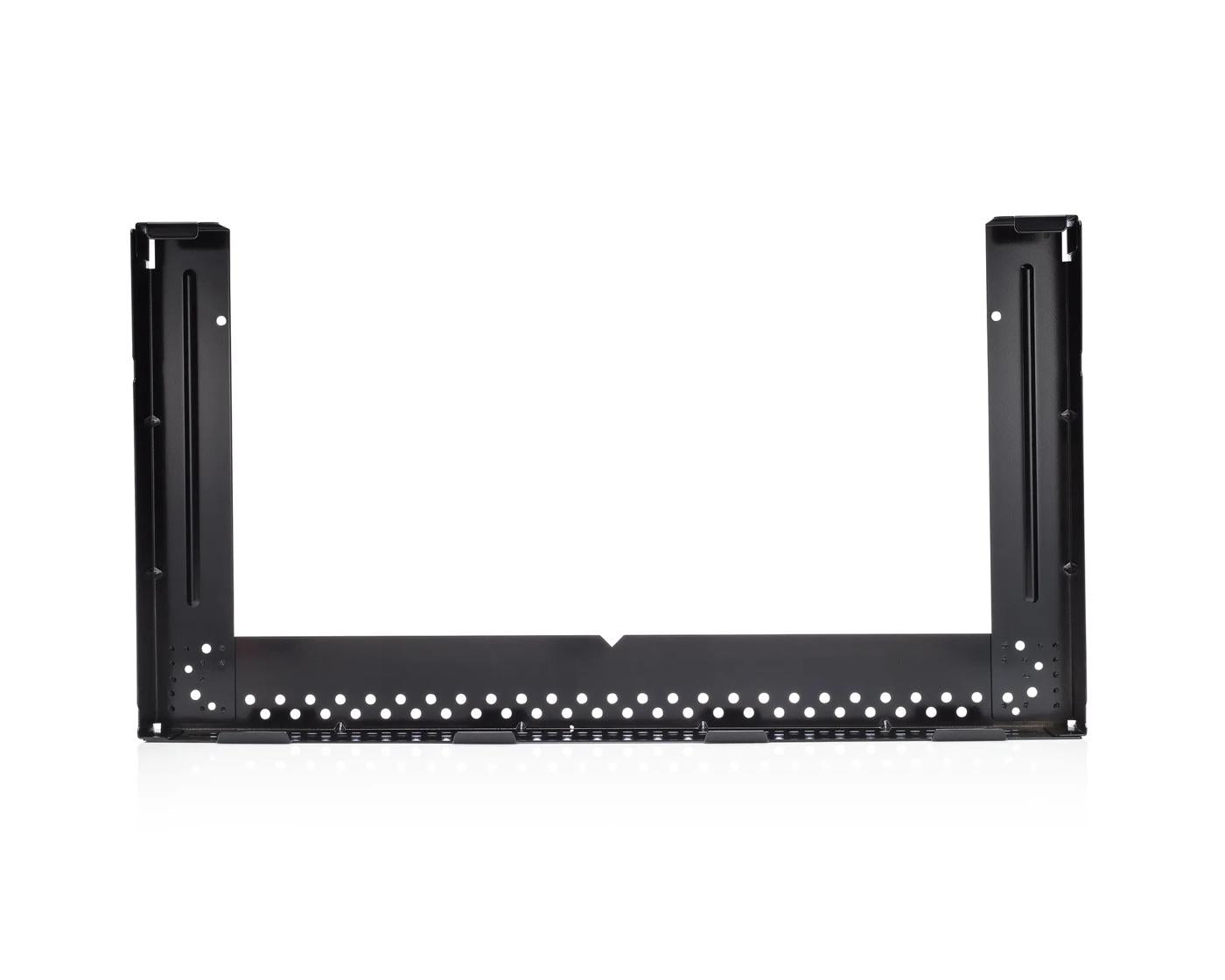 Black metal wall bracket designed to extend microwave forward for improved ventilation in kitchen appliance repairs