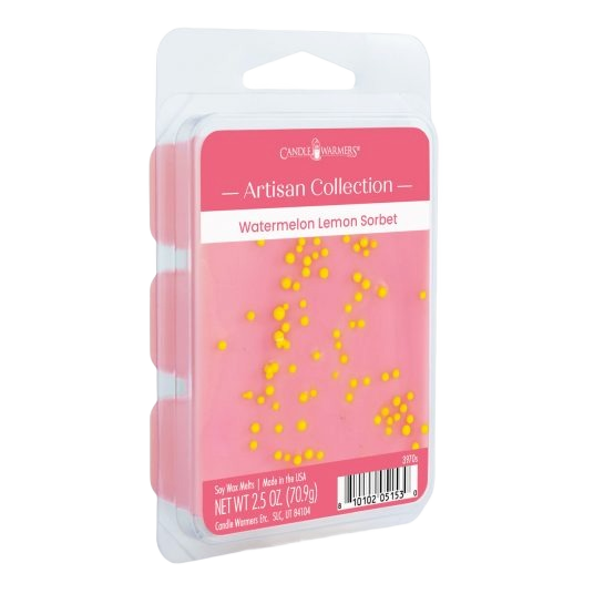 Pink artisan wax melts with yellow beads in clear clamshell packaging for home fragrance use