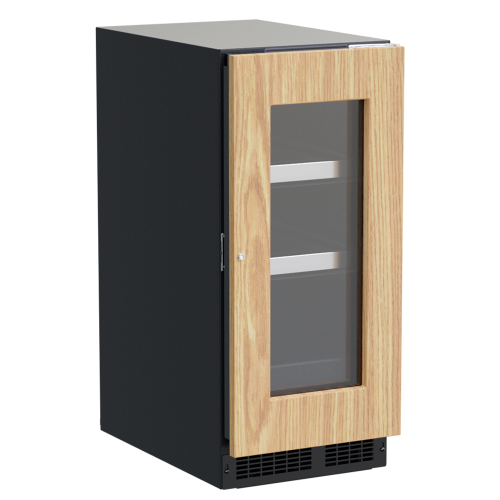Compact built-in beverage center with wood-framed glass door and adjustable shelves in kitchen appliances collection