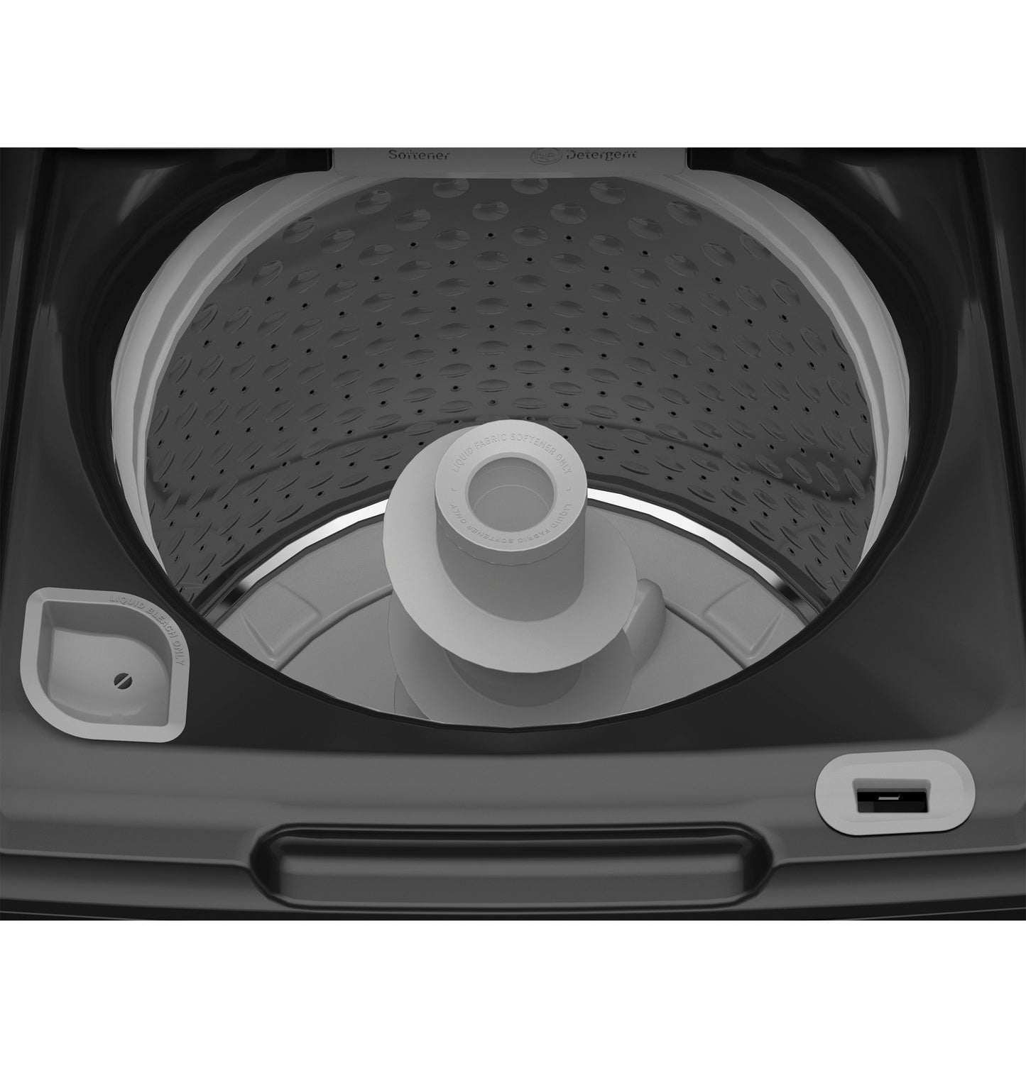 Top-load washer drum interior with central agitator and water level control, part of washers and home improvement appliances collection