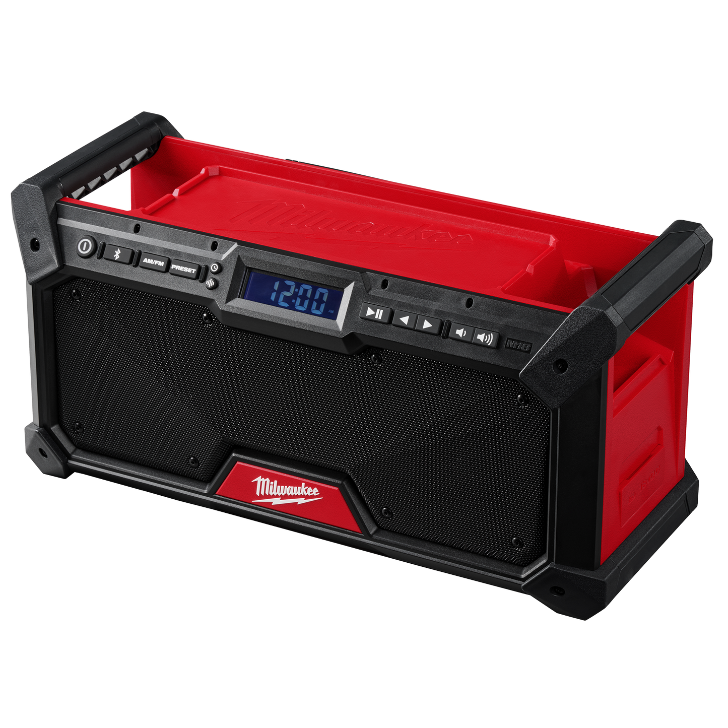 Red and black Milwaukee M18 Bluetooth jobsite radio with digital display and control buttons for worksite audio