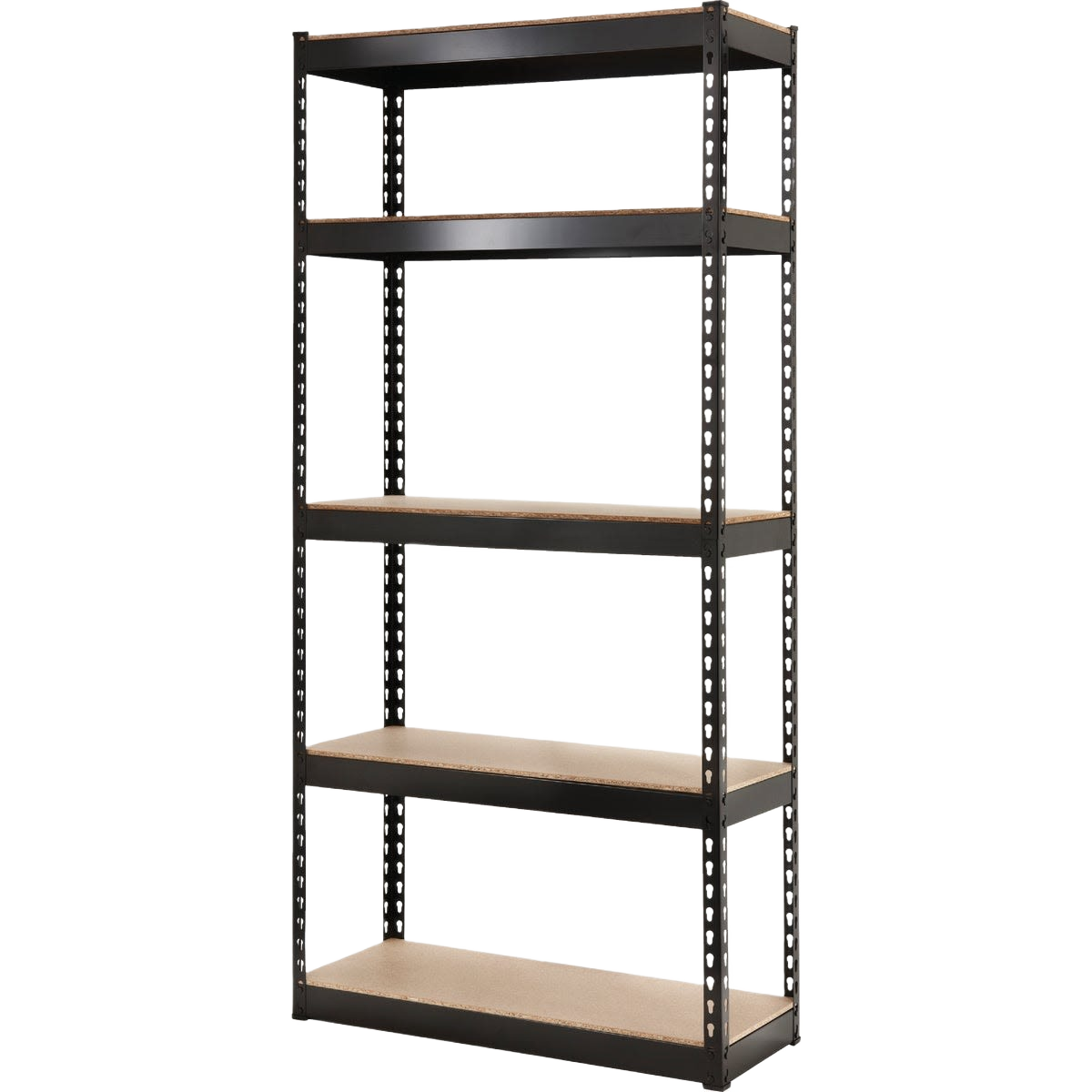 Freestanding black steel shelving unit with five adjustable laminate shelves for storage and organization under $100
