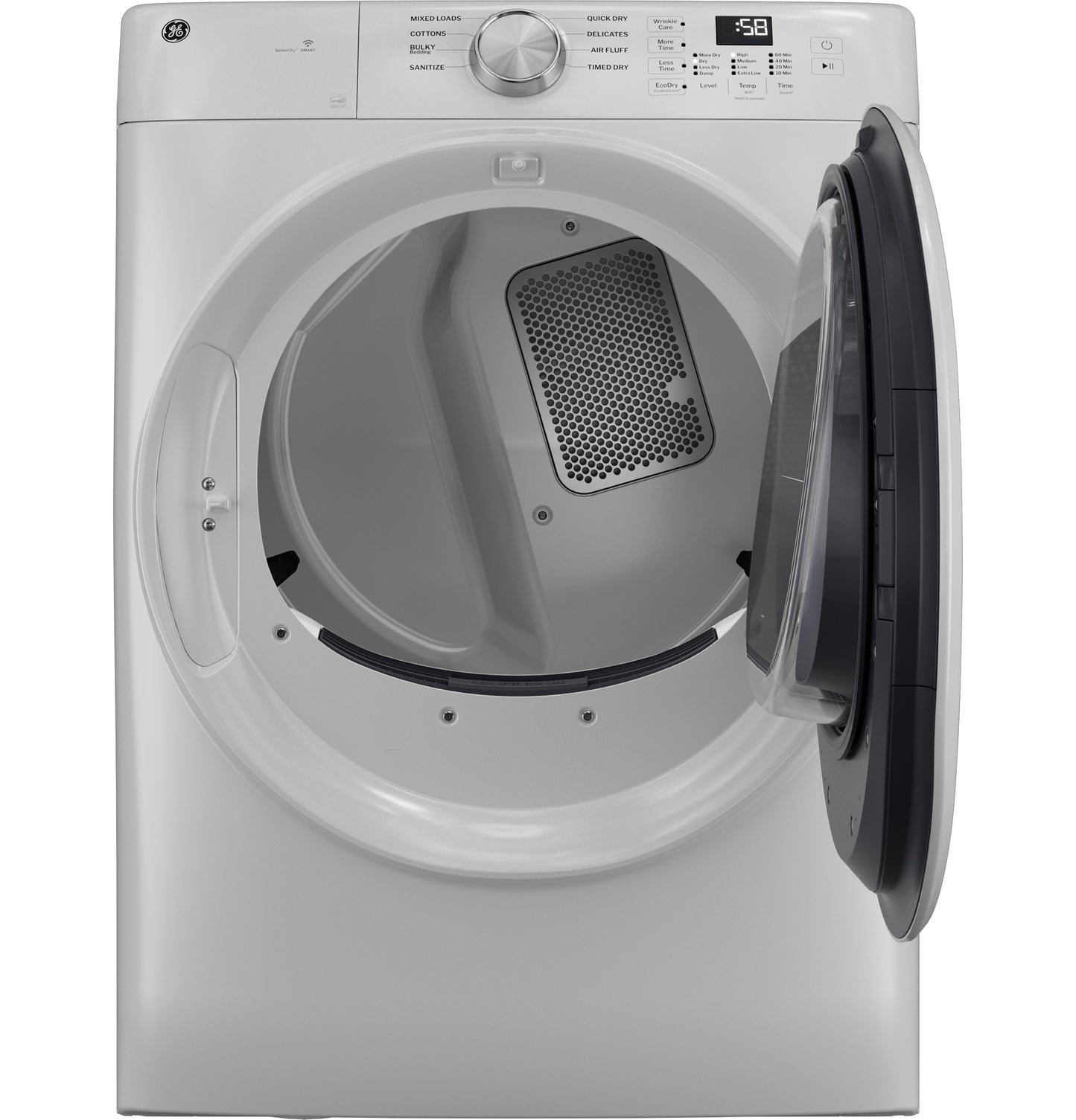 White smart front load electric dryer with open door and digital control panel from Electric Dryers collection