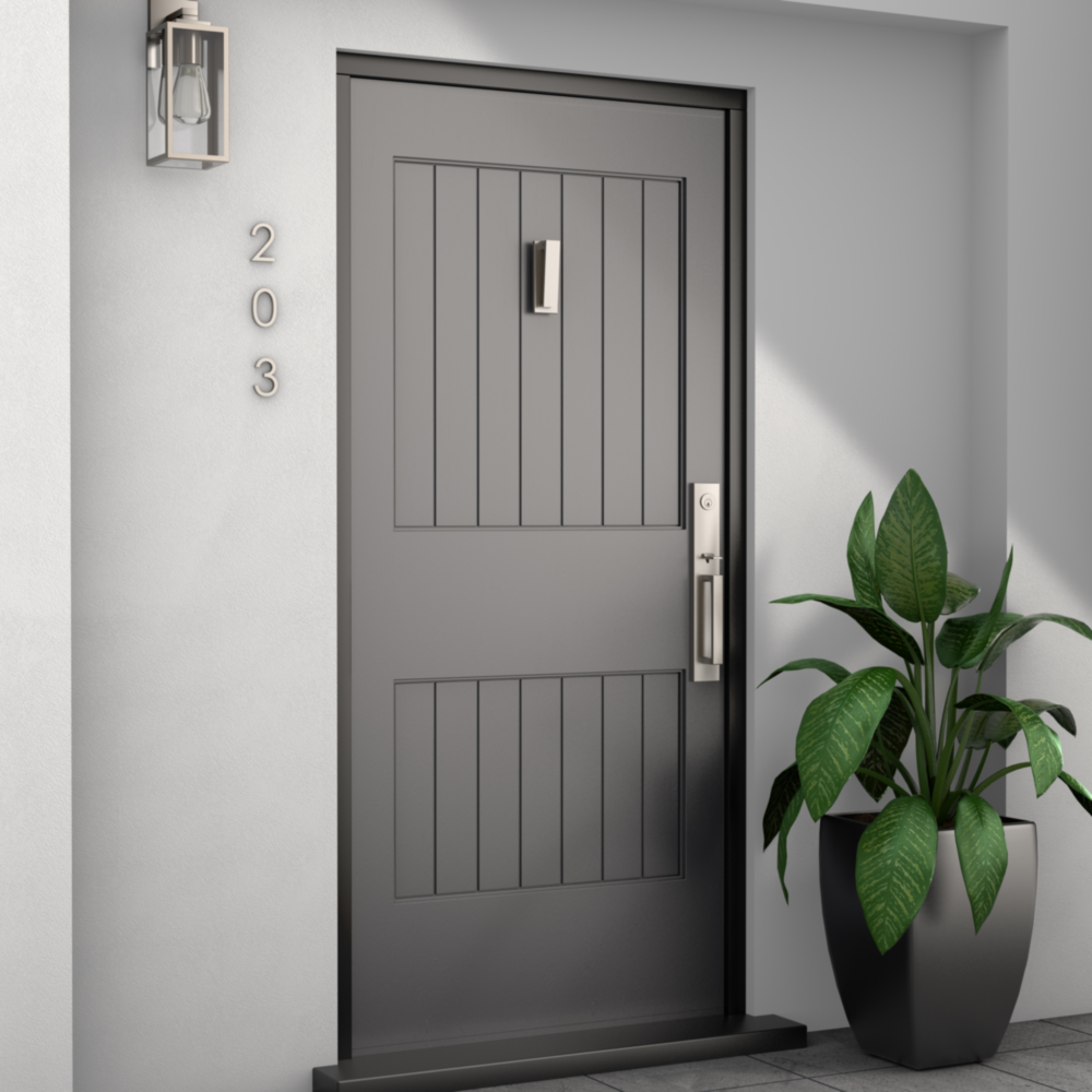 Satin nickel reed door knocker mounted on modern gray front door in door accessories and home improvement collections
