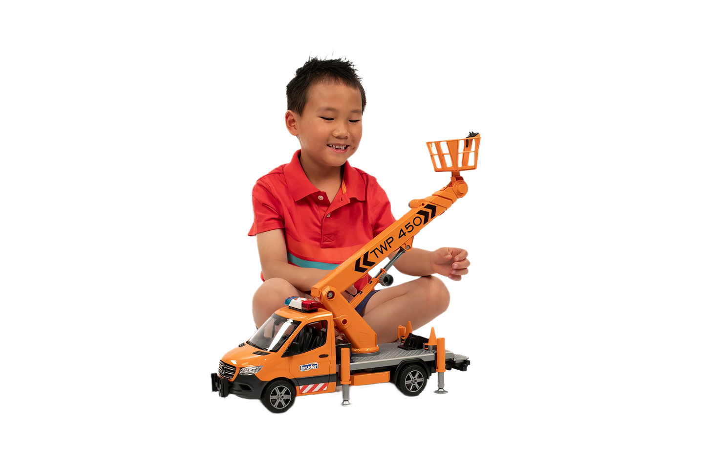 Child playing with orange Bruder MB Sprinter toy equipped with working platform and lifting module for home improvement play
