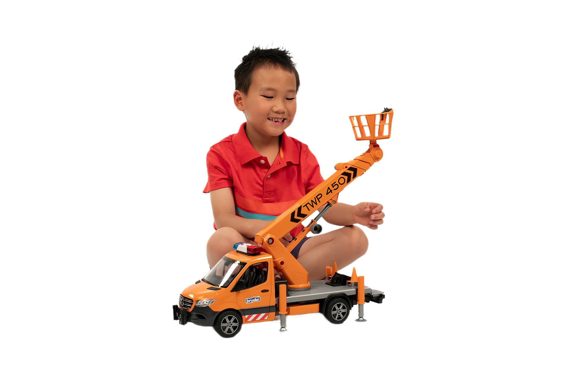 Child playing with orange Bruder MB Sprinter toy equipped with working platform and lifting module for home improvement play
