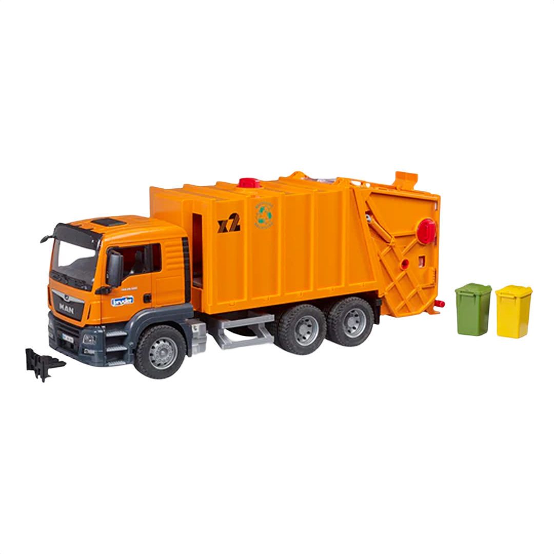 Orange toy garbage truck with detailed cab and two small green and yellow waste bins for imaginative play