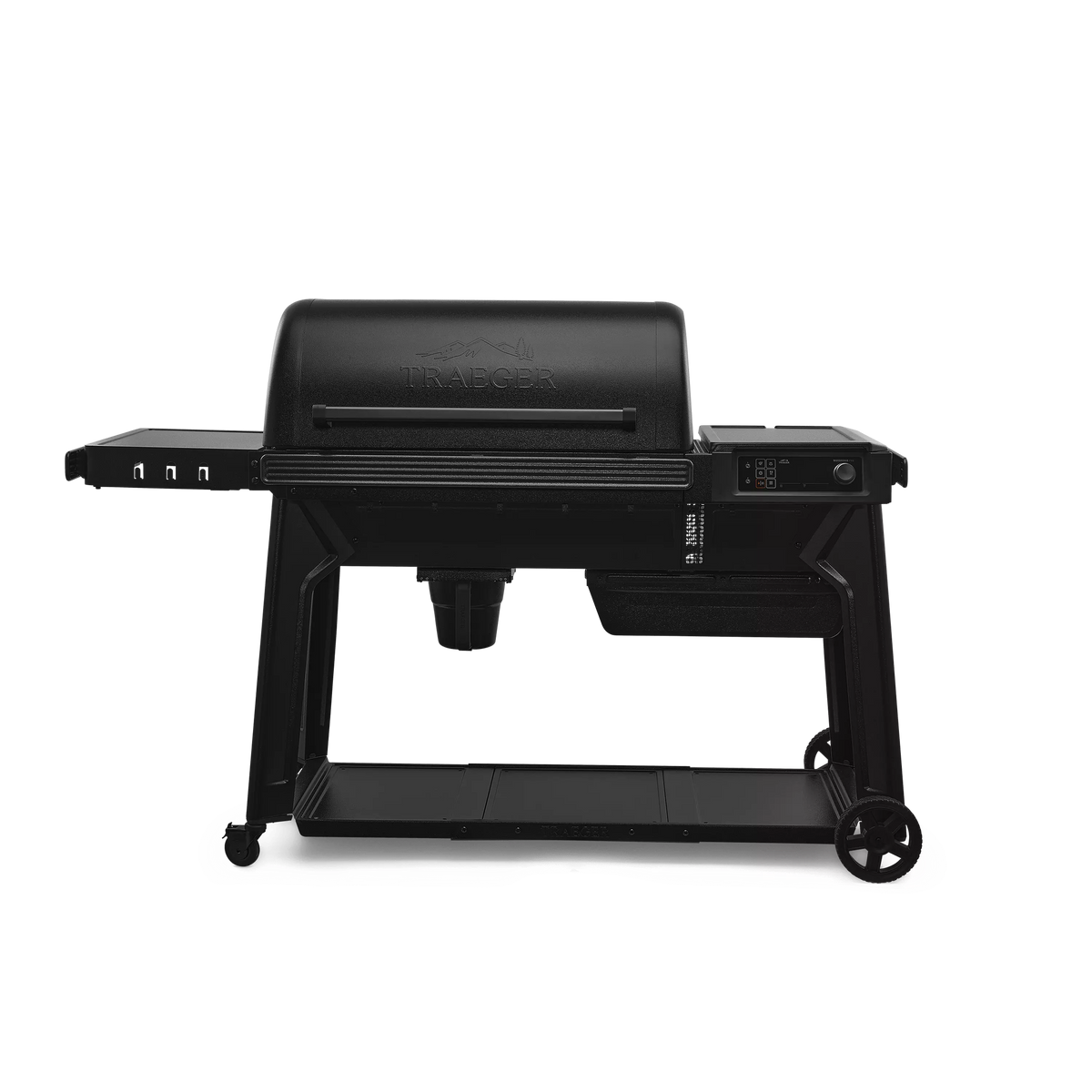 Black pellet grill with WiFIRE® control panel and side shelves in outdoor living and grilling collections