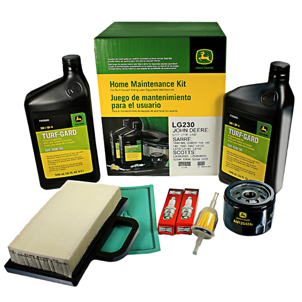 John Deere home maintenance kit with oil, filters, spark plugs, and fuel filter for tools and home improvement