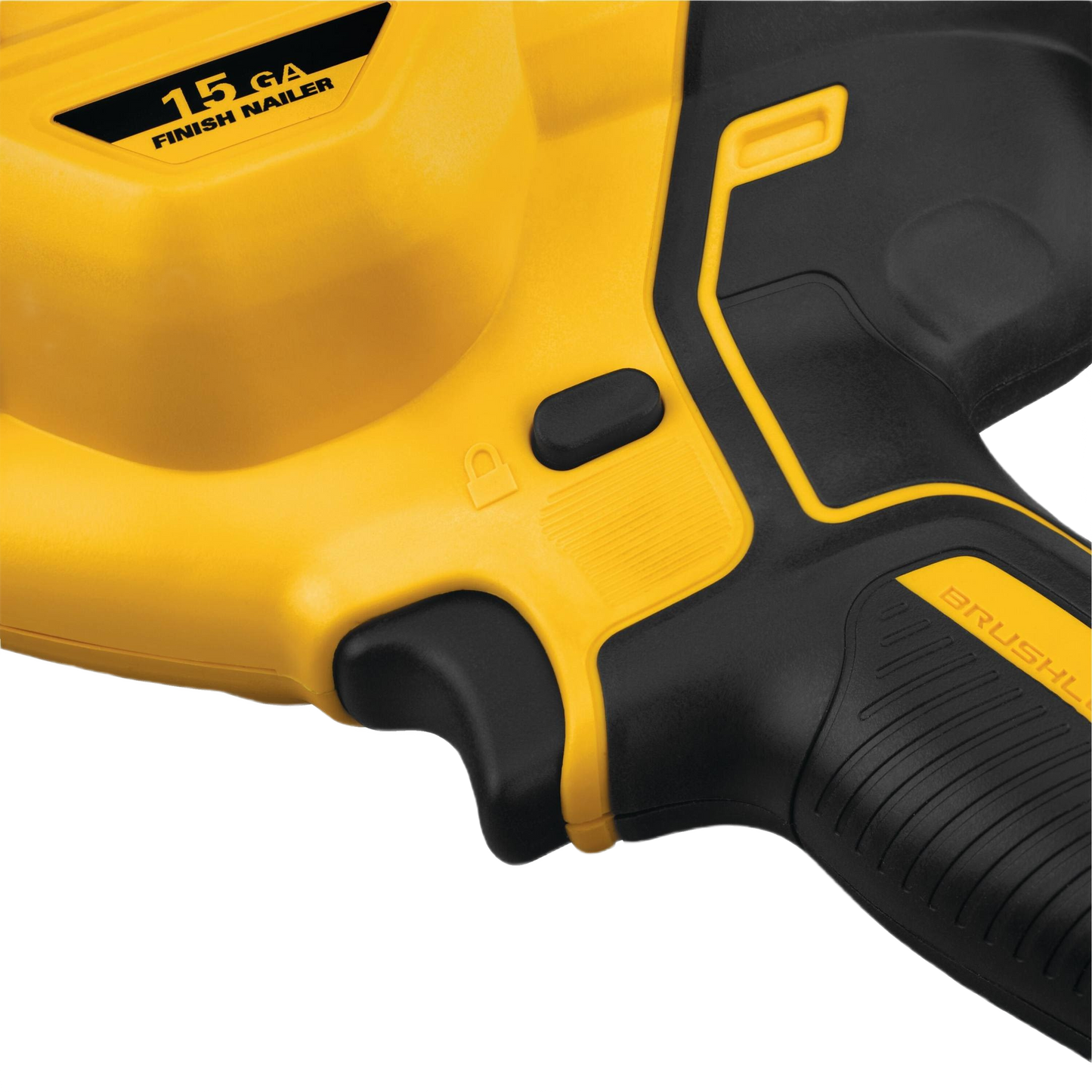Close-up of yellow and black cordless angled finish nailer handle and safety lock button for home improvement tools