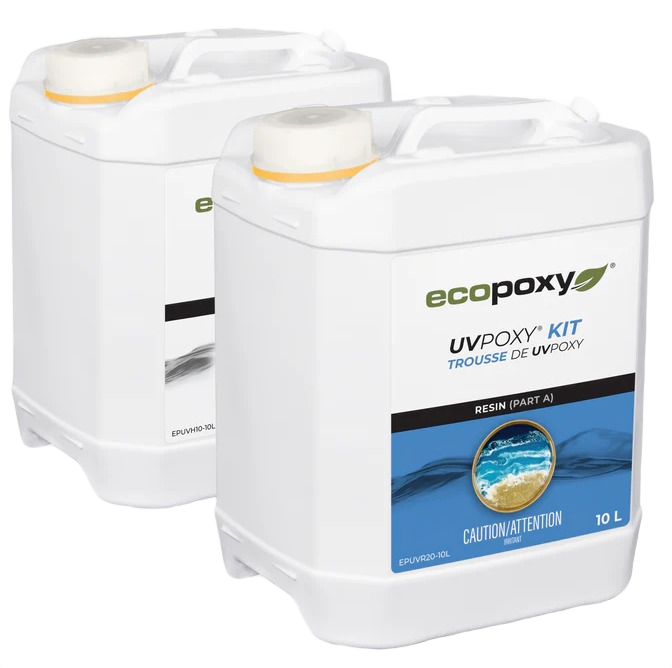 Two white 10-liter containers of EcoPoxy UVPoxy Kit resin for wood sealers and finishing in paint and supplies collection