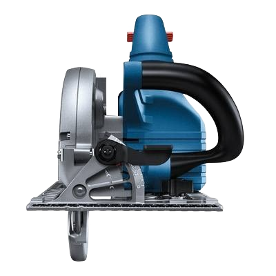 Side perspective of a blue and silver circular saw with ergonomic black handle for tools and home improvement tasks