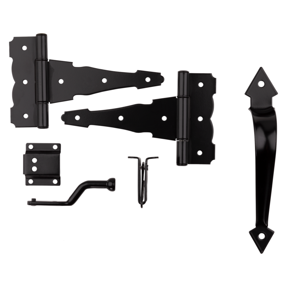 Black plated steel decorative gate hardware kit with hinges, latch, and handle for home improvement and gate accessories