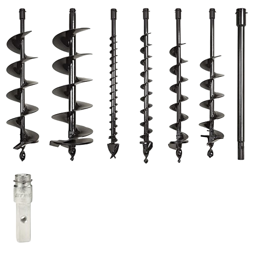 Set of black metal earth auger bits and an adapter for drilling in home improvement and STIHL tool collections