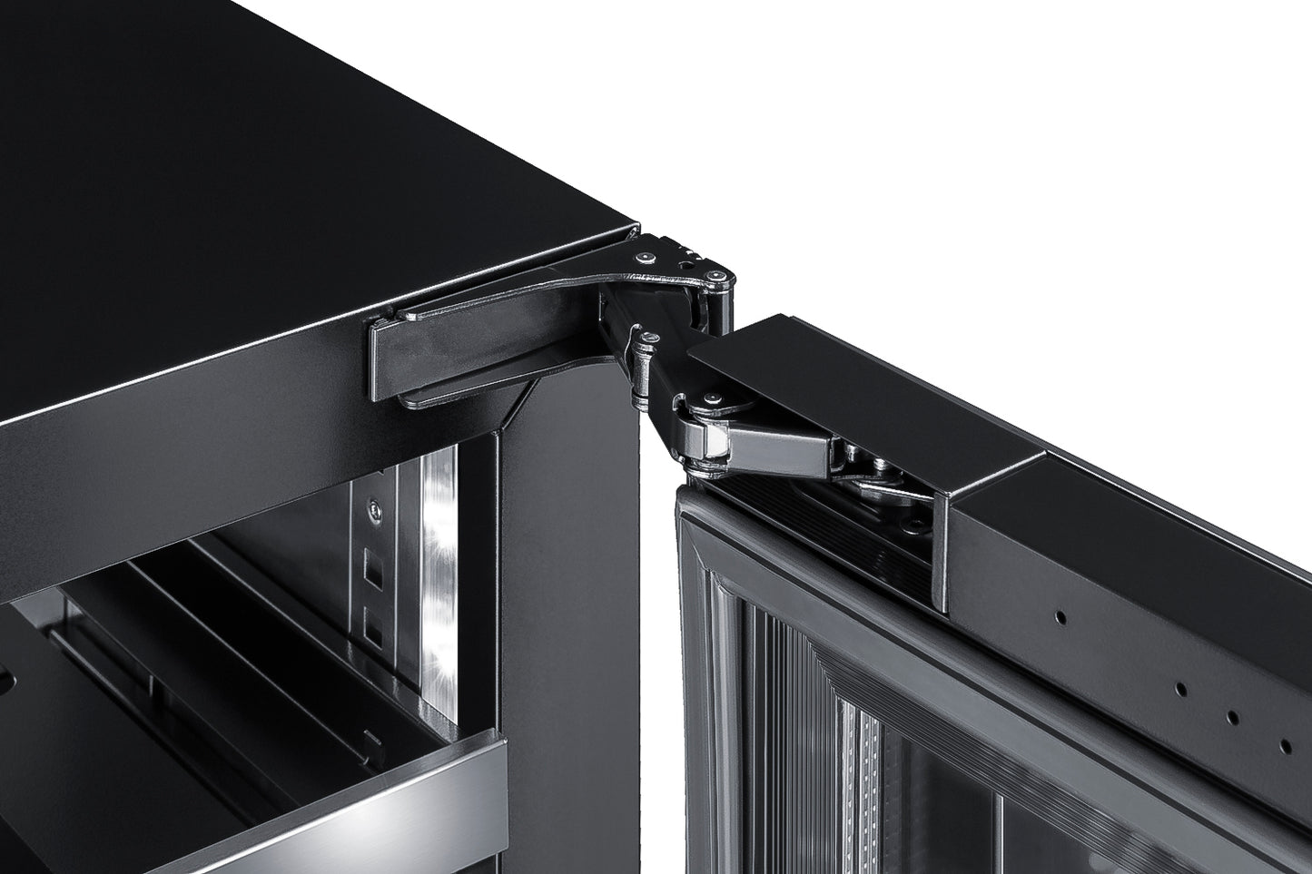 Close-up of hinge mechanism on black built-in beverage cooler door from refrigeration and appliance collection