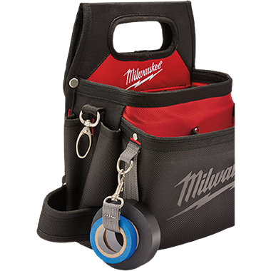 Compact red and black electrician’s pouch with quick adjust belt, multiple pockets for tool storage and home improvement tasks