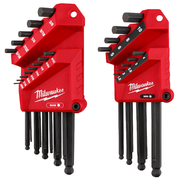Red ball end L-key set with SAE and metric sizes for precision hand tool use in home improvement tasks