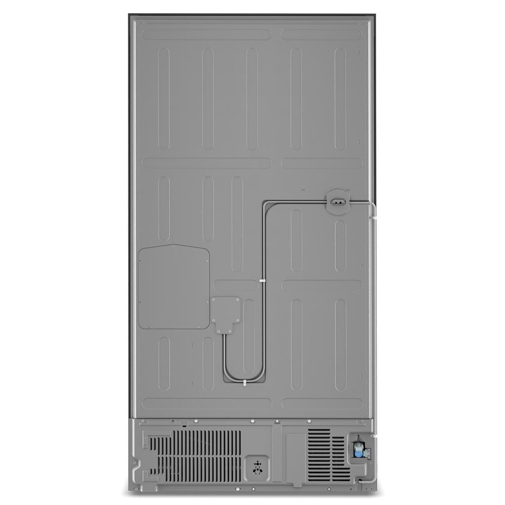 Rear view of a stainless steel counter-depth refrigerator showing ventilation grilles and internal compressor components, part of Refrigerators and KitchenAid Appliances collections.