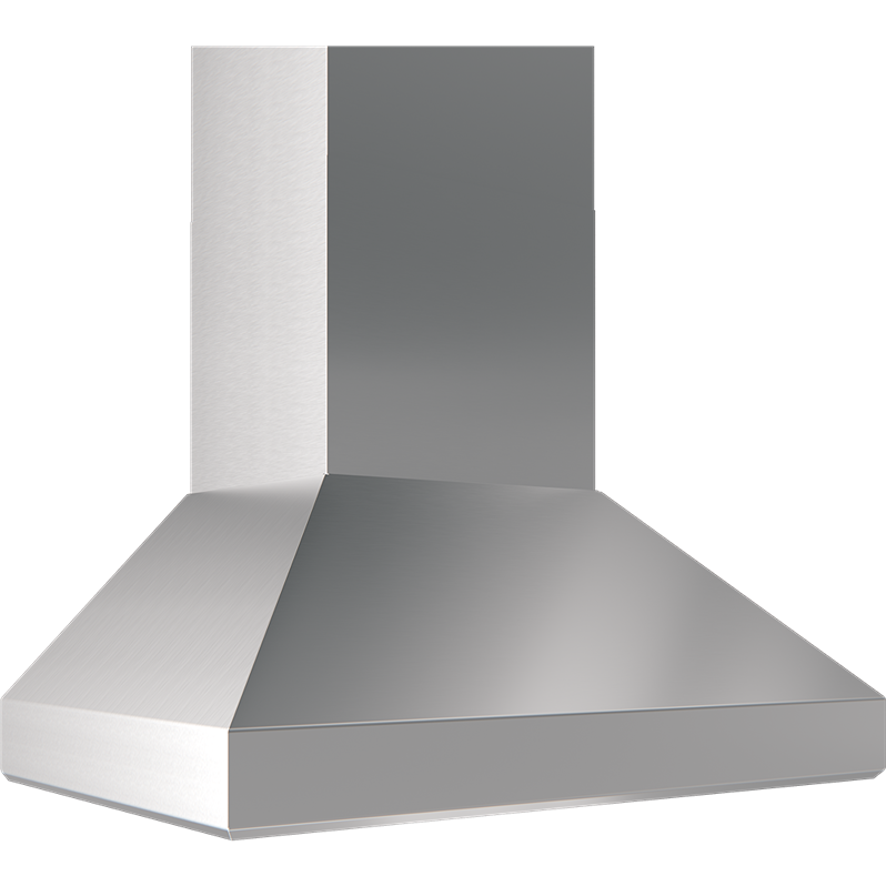 Brushed stainless steel chimney hood with a wide angled canopy designed for efficient kitchen ventilation and home improvement