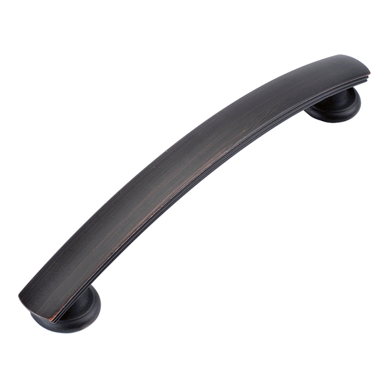 Vintage bronze cabinet pull with classic diner-inspired arc for furniture hardware and home improvement collections