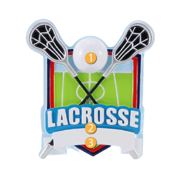 Lacrosse shield ornament with crossed sticks and ball over green field, festive Christmas tree decoration under $50