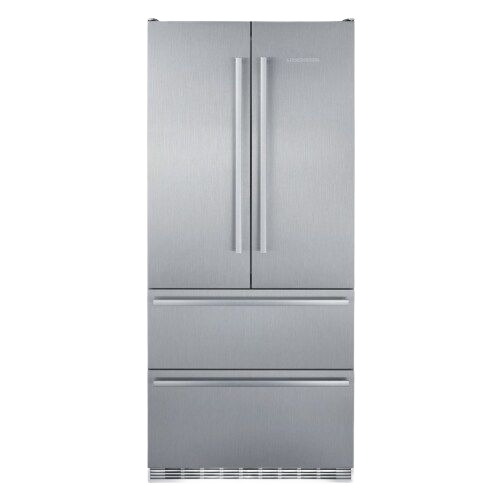 Stainless steel French door refrigerator with dual drawers and modern handles in kitchen appliances collection