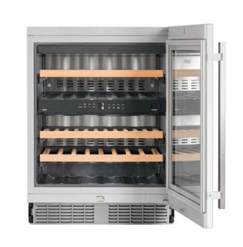 built-under multi-temperature wine cabinet with wooden racks, digital controls, and glass door in kitchen appliances collection