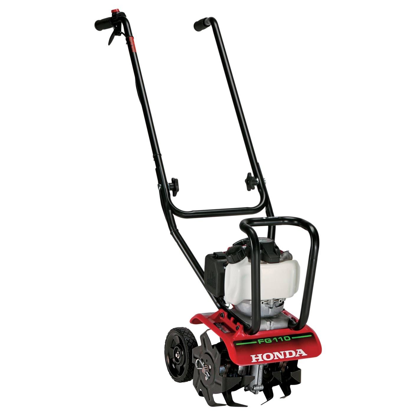 Compact front tine mini tiller with sturdy black handles and red body for soil cultivation and home improvement tasks
