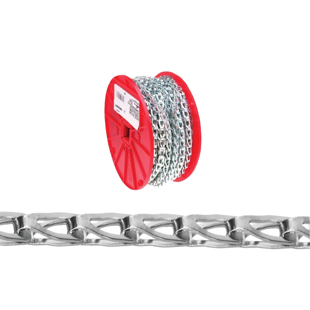 Metallic sash chain wound on a red plastic spool for home improvement and hardware applications