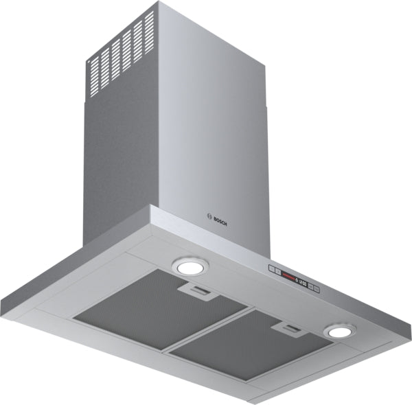 Stainless steel wall-mounted range hood with LED lights and digital controls in kitchen appliances and tools category