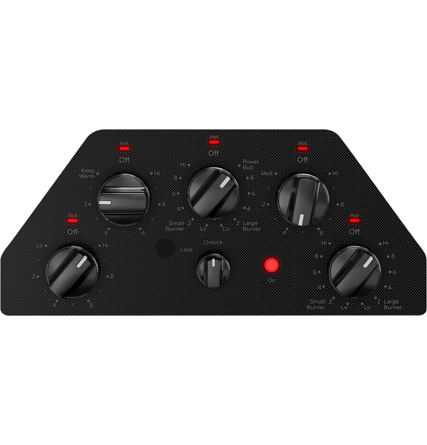 Black built-in electric cooktop control panel with six knob controls and red indicator lights in Cooktops collection