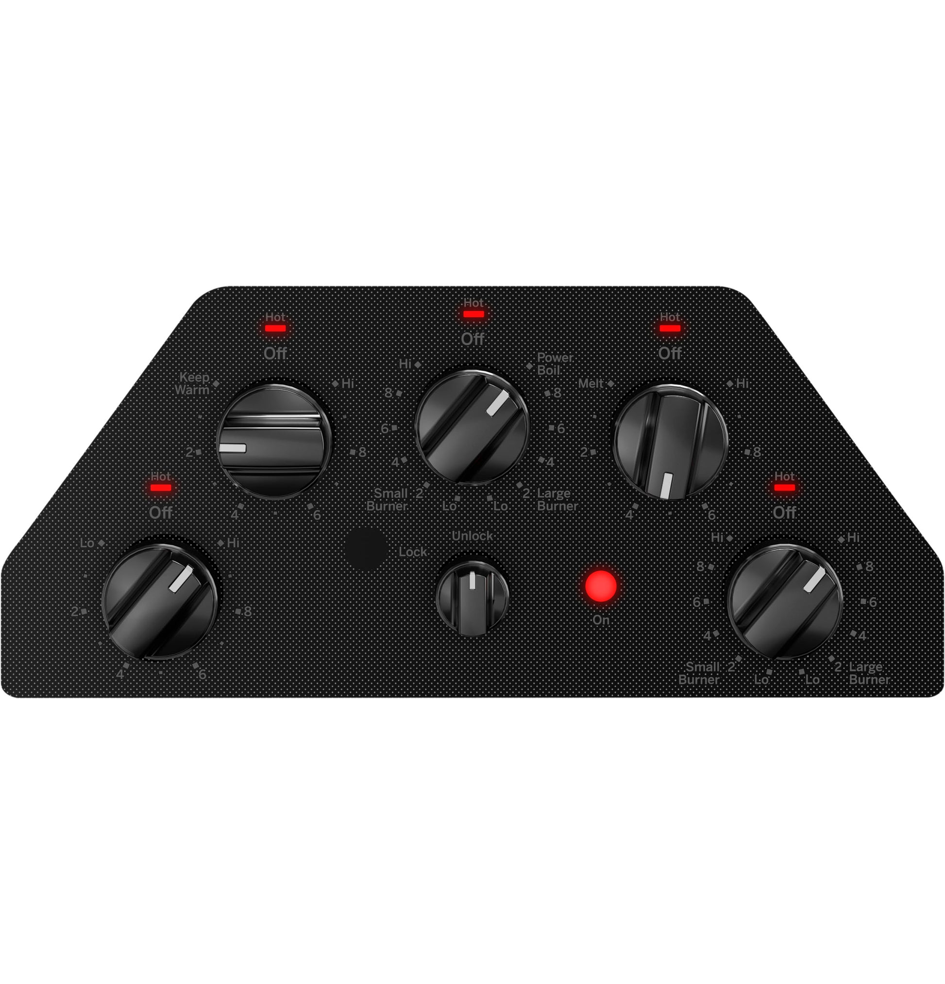 Black built-in electric cooktop control panel with six knob controls and red indicator lights in Cooktops collection