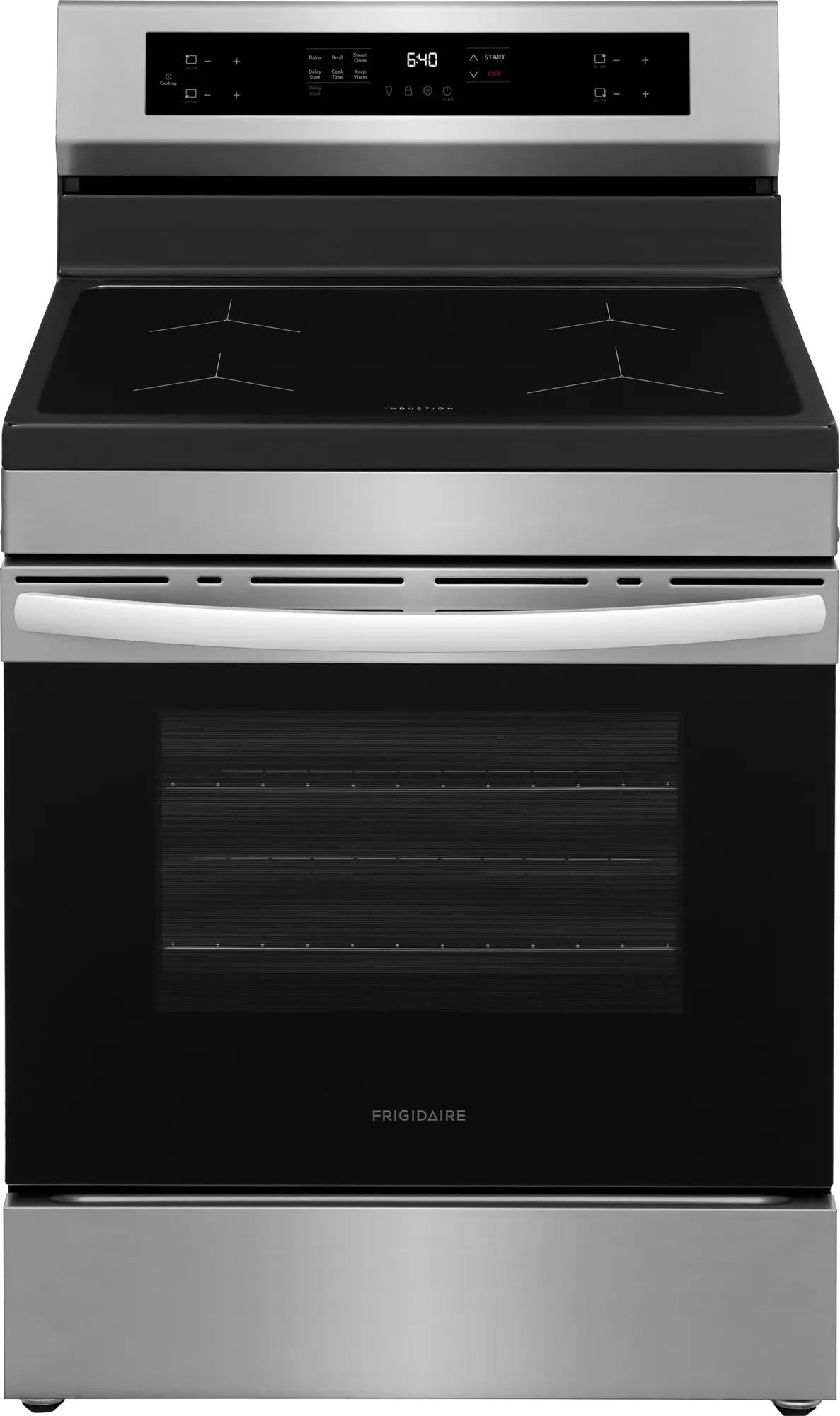 Stainless steel induction range with rear digital controls and smooth black ceramic cooktop in kitchen appliances collection