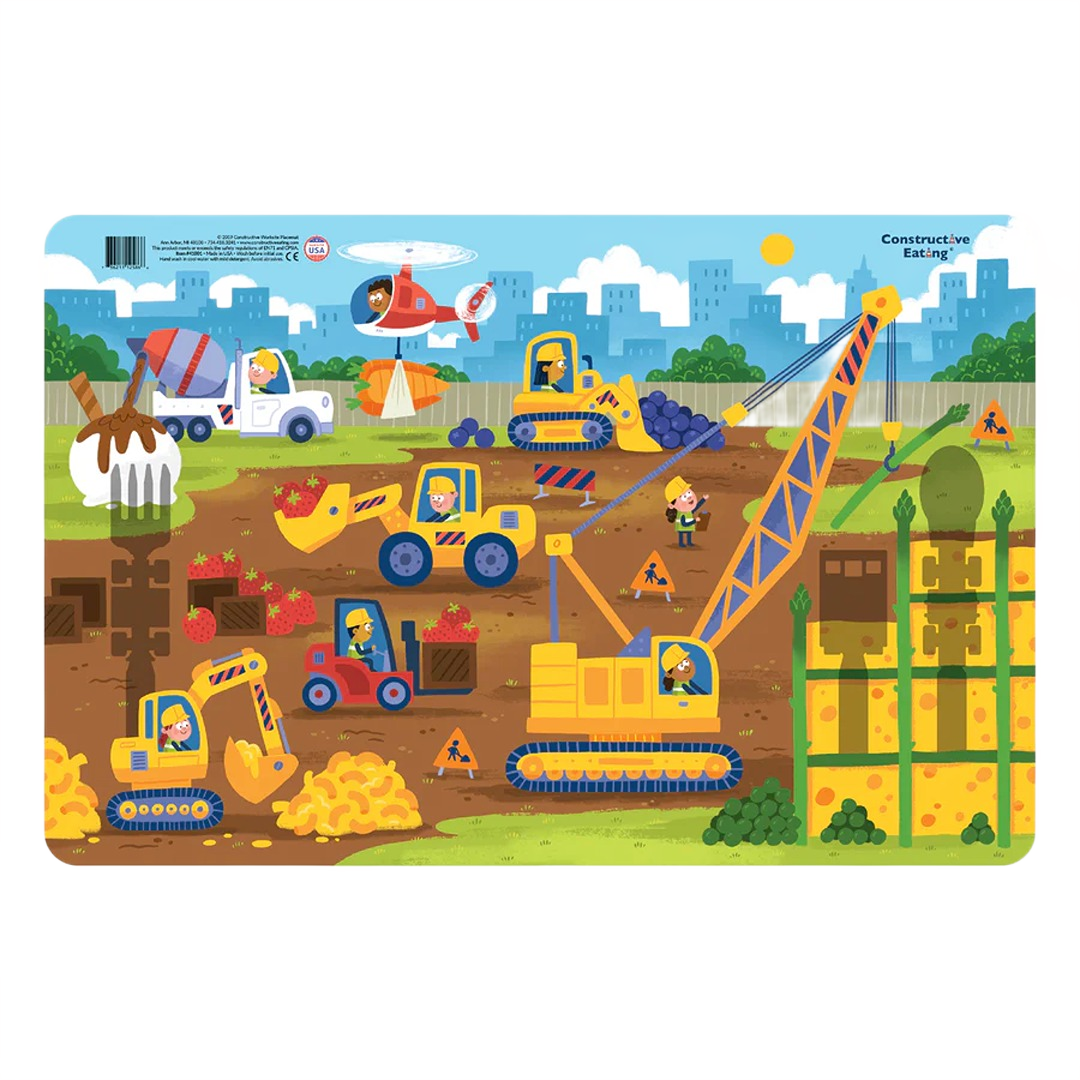Colorful children's placemat with construction vehicles and workers using food-themed building materials outdoors