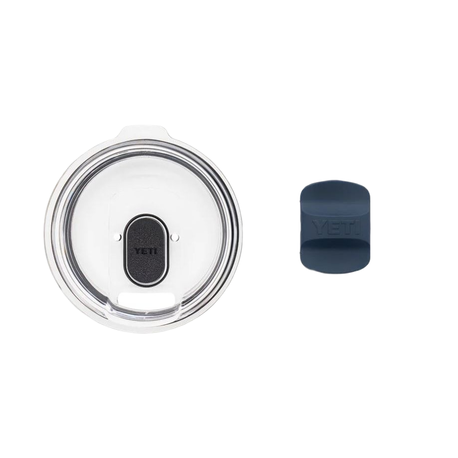Clear Rambler tumbler lid with black magnetic slider and separate navy blue magnetic slider for drinkware customization